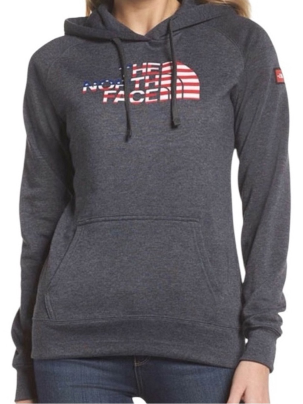 THE NORTH FACE Women's Charcoal Heather Gray American Flag USA Hoodie size Large